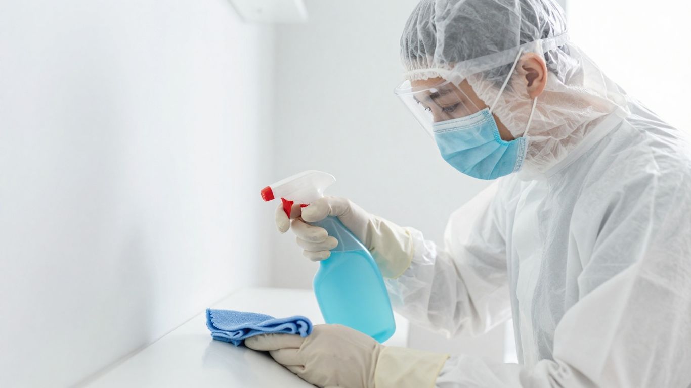 Person cleaning a surface with gloves and a mask.