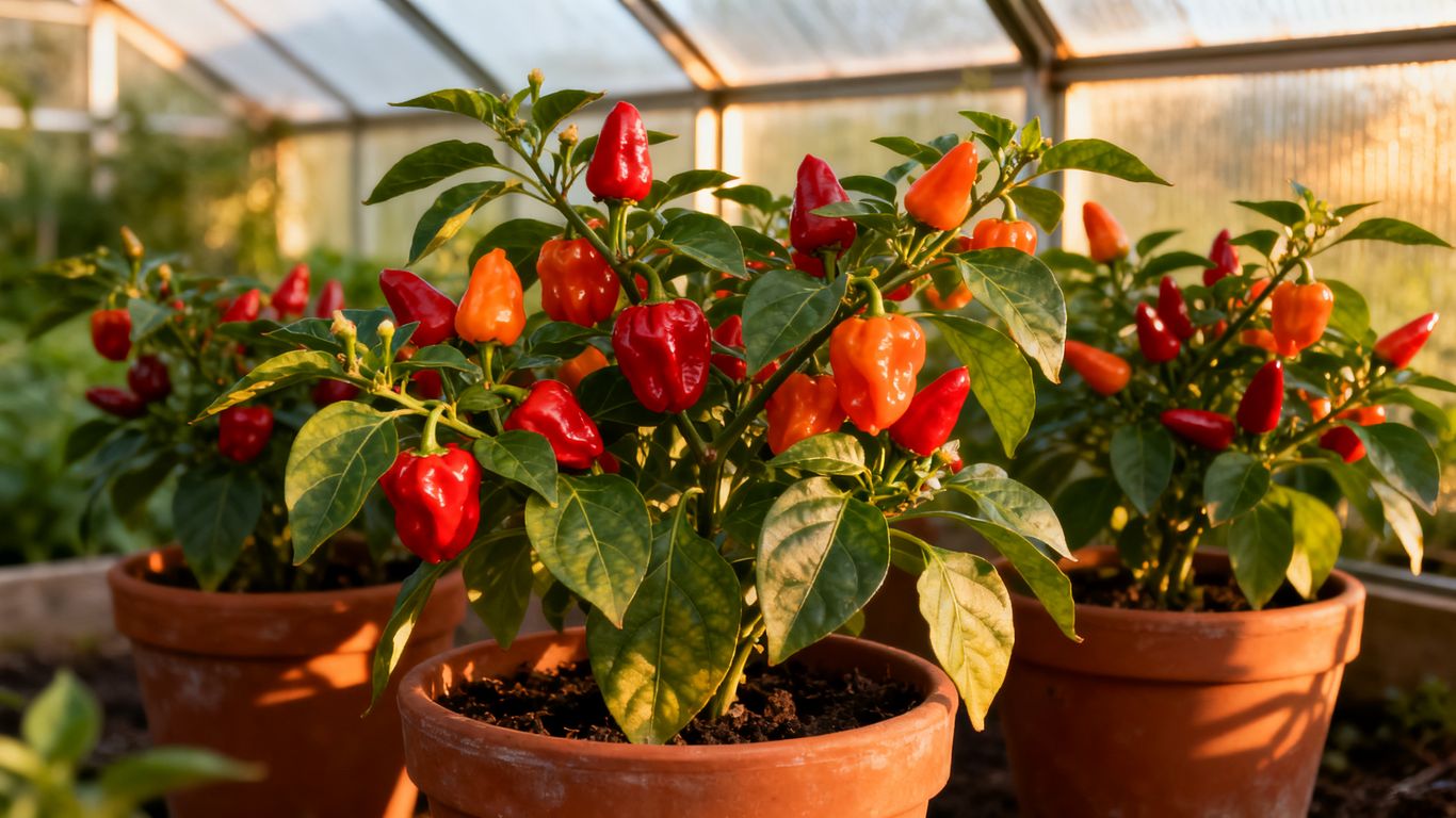 Reife Chilipflanzen in hellen Töpfen