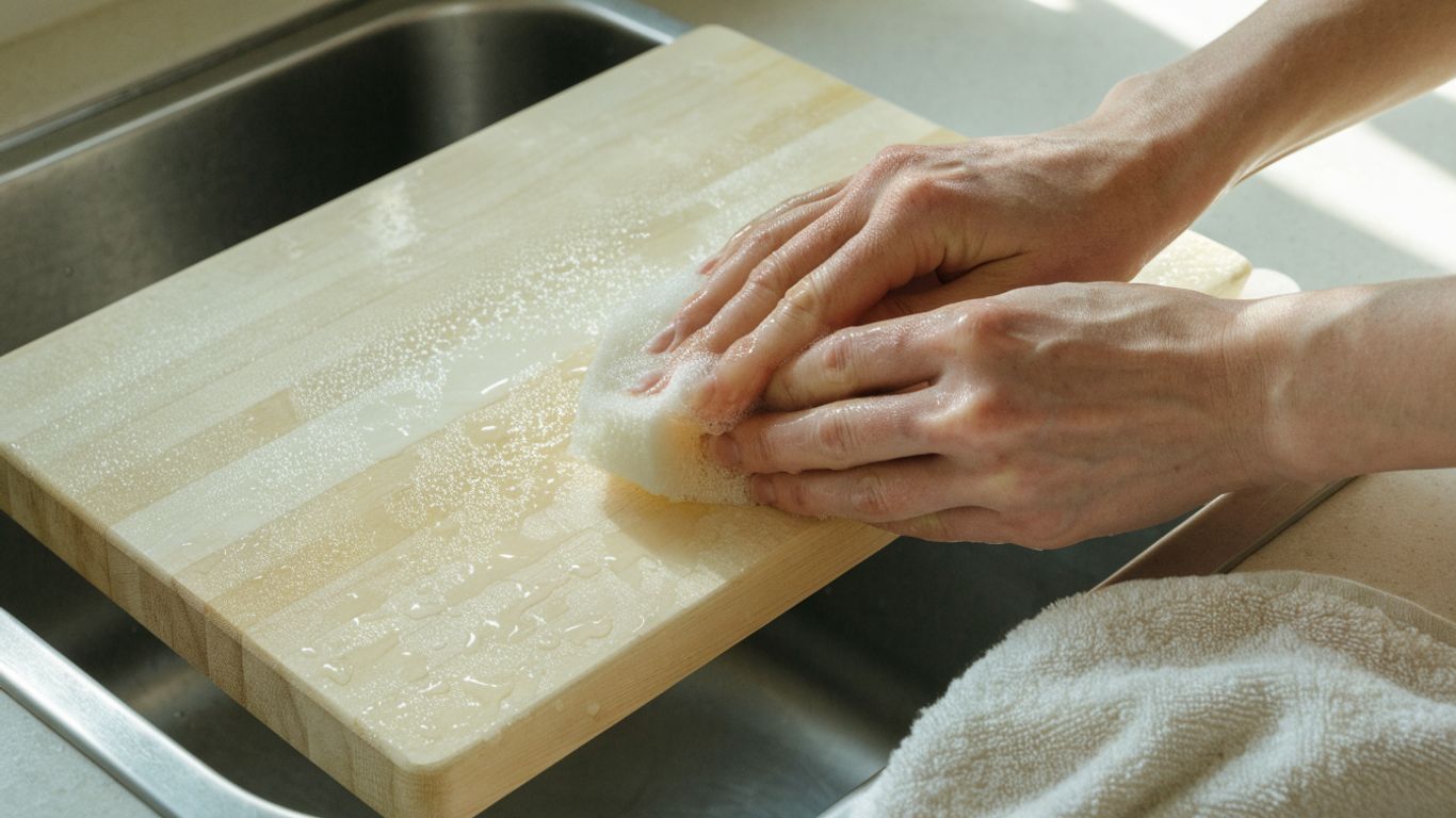 Hands washing a pale maple cutting board