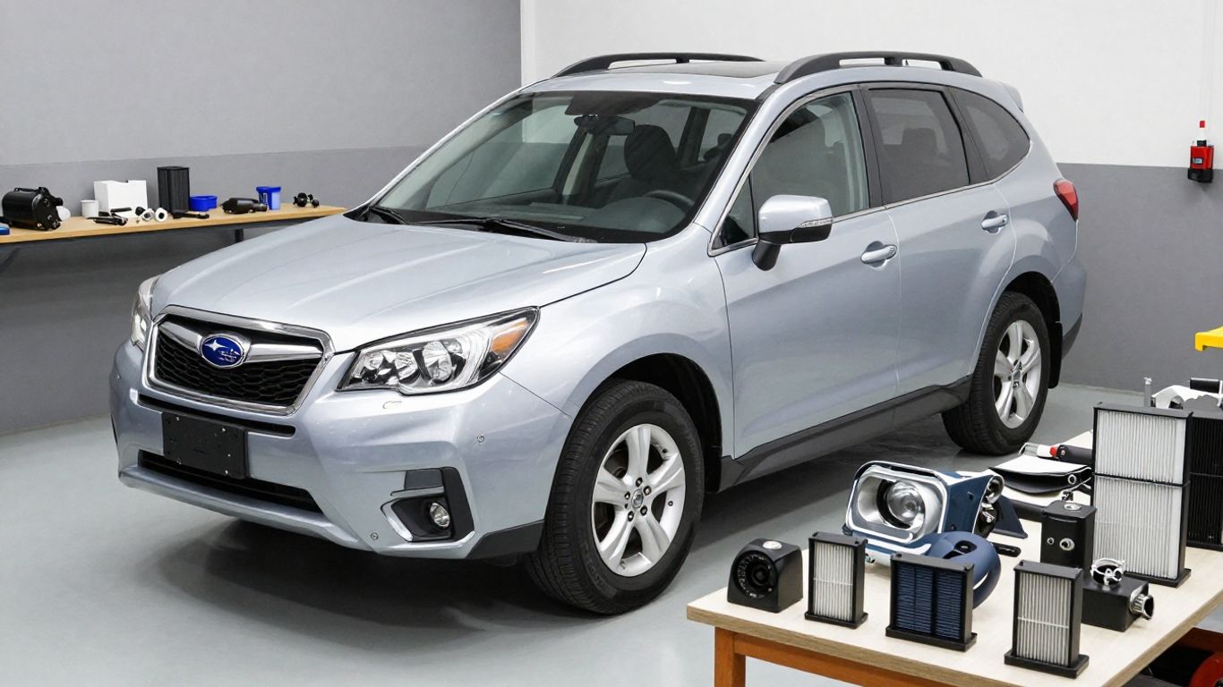 Subaru Forester parts displayed in a workshop setting.