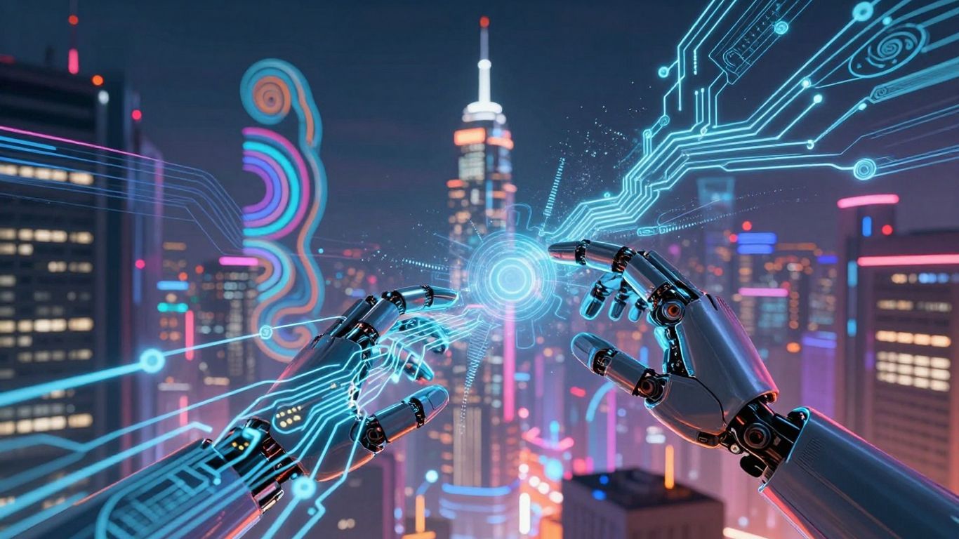 Futuristic cityscape with AI circuits and robotic hands.