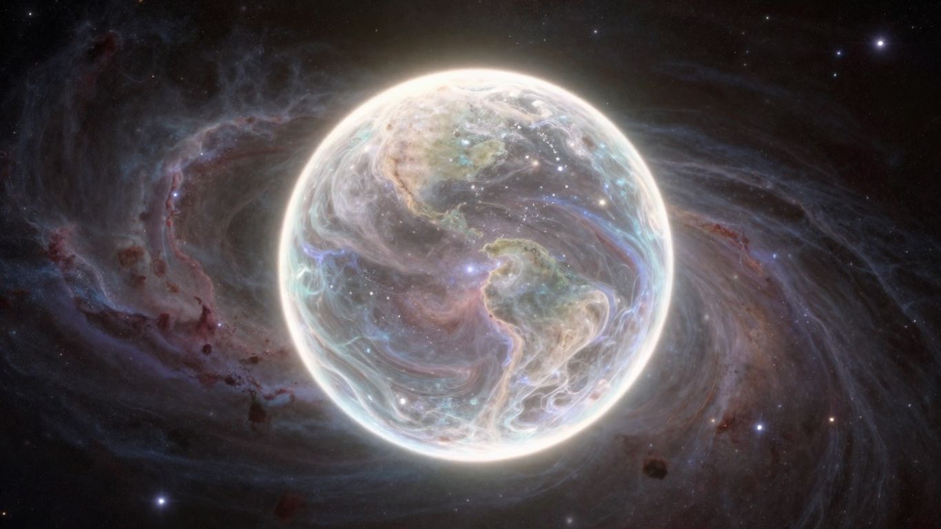 Celestial scene with glowing orb and cosmic background.