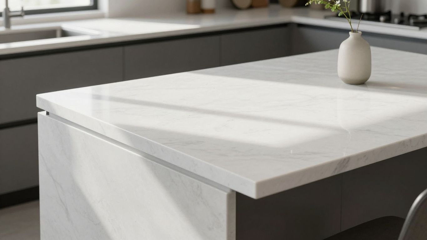 White quartz worktop in a modern kitchen setting.