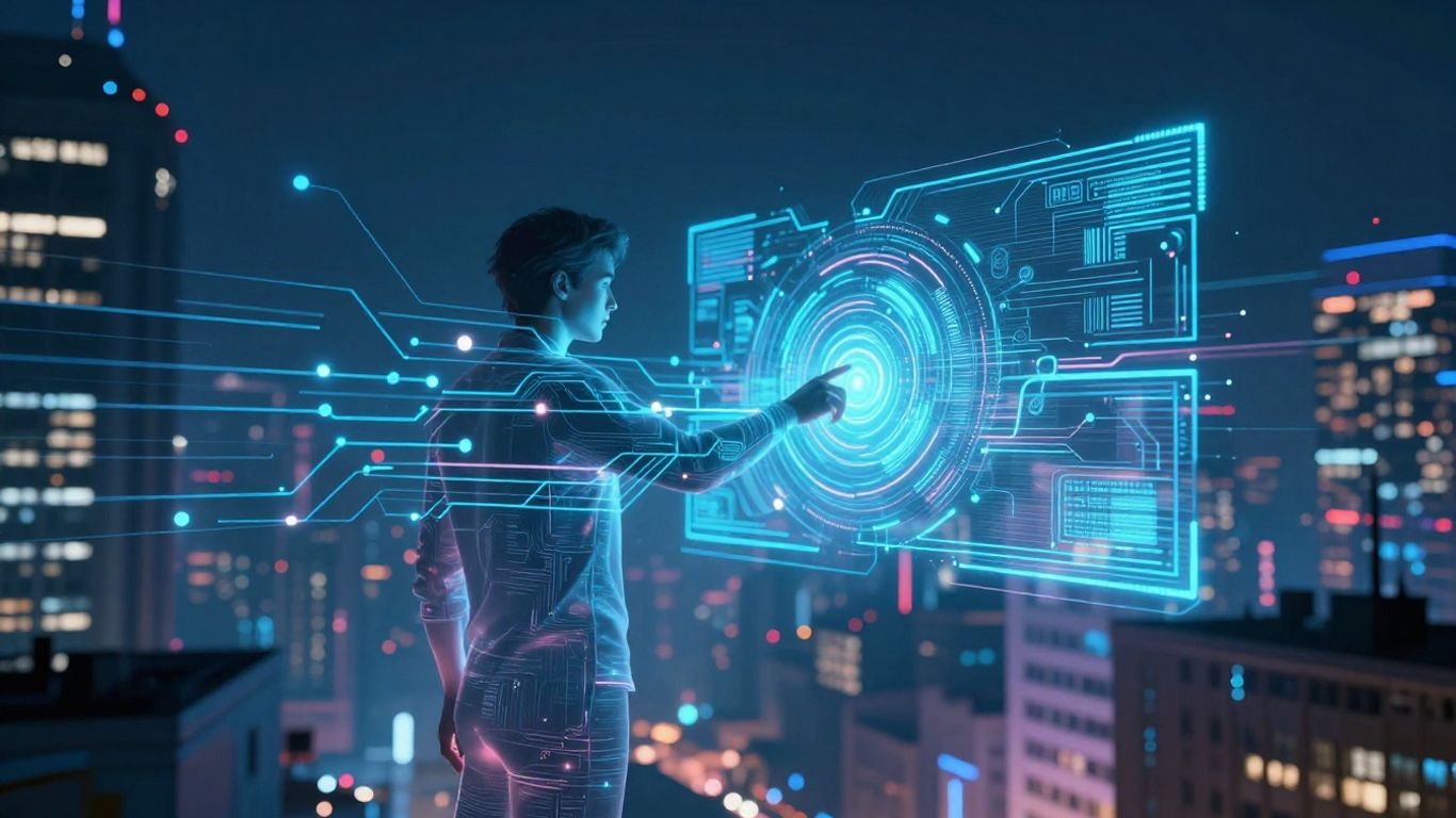 Futuristic cityscape with AI elements and human interaction.