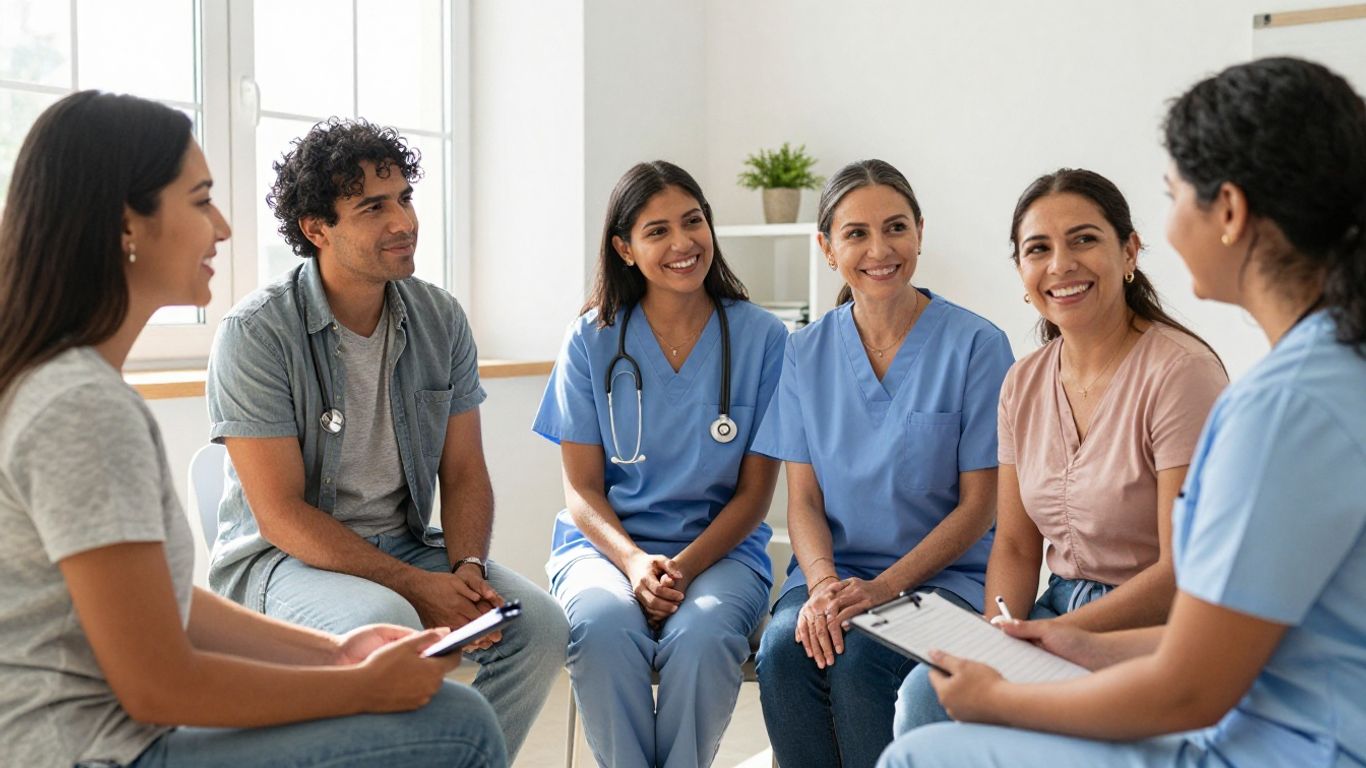 Comunidad hispana recibiendo atención médica en una clínica moderna.