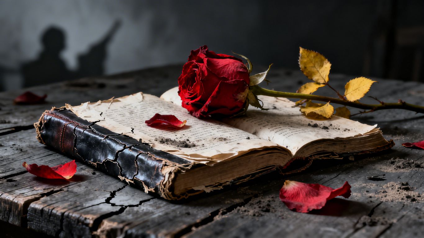 Crumpled book and wilting rose symbolizing book failure.