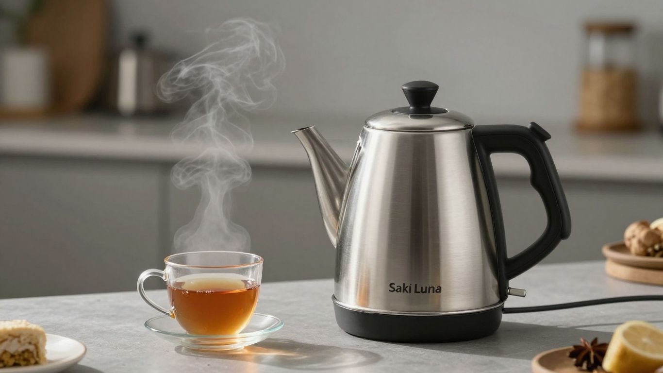 Saki Luna electric kettle with rising steam.
