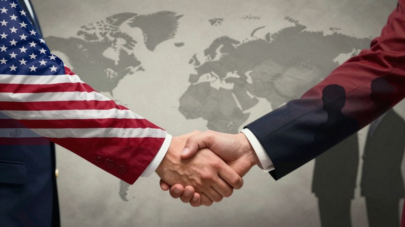 US and Iran flags with handshake and standoff imagery.