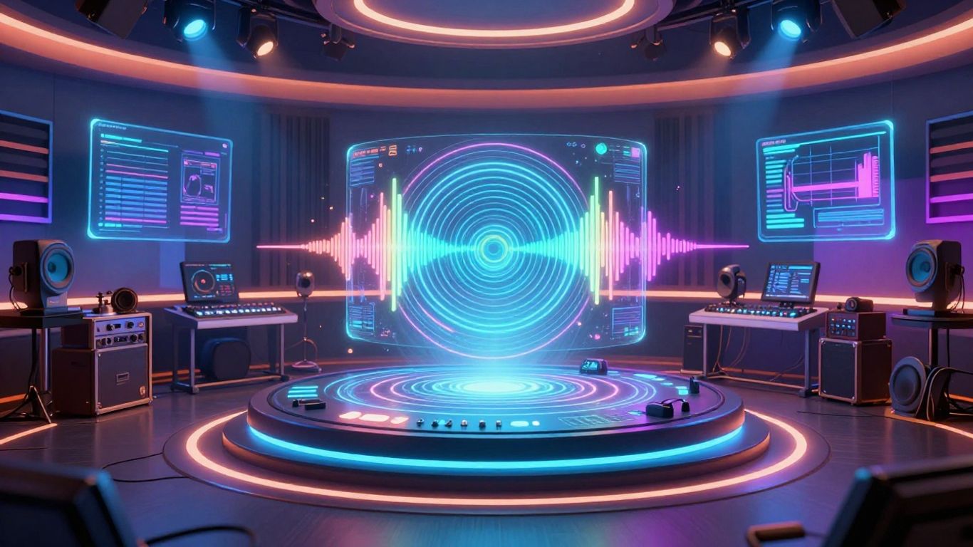 AI music studio with holographic instruments and sound waves.