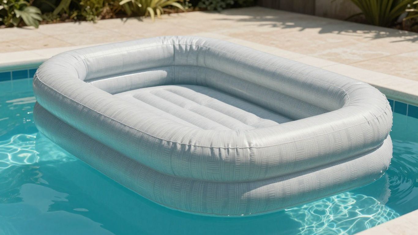 Textile covered inflatable lounger beside clear water