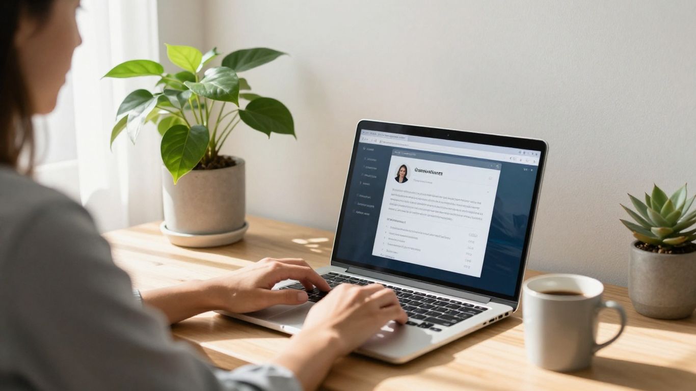 Pessoa trabalhando em casa com laptop e ambiente organizado.