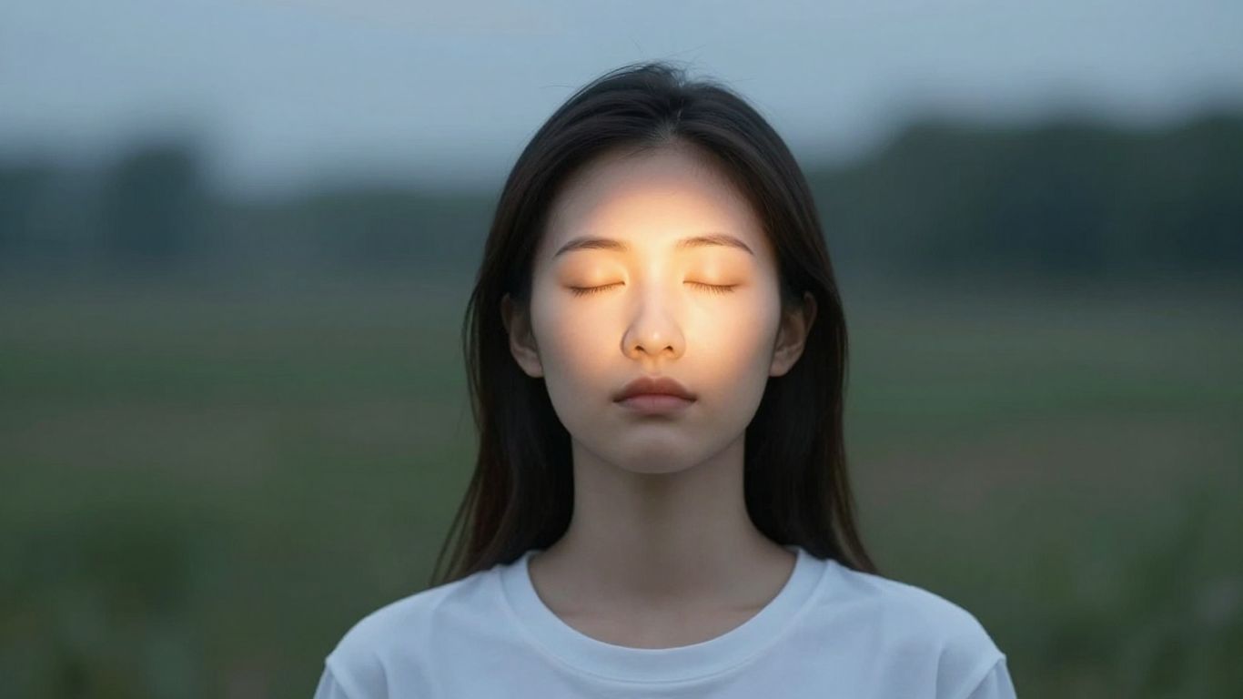 Person meditating with glowing light on forehead.