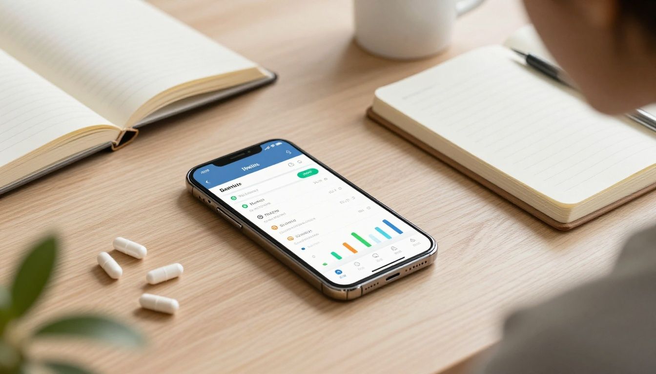 A diverse professional workspace with a clean, modern aesthetic featuring a smartphone displaying health tracking data, a high-quality journal, and organized supplements, bathed in natural soft morning light