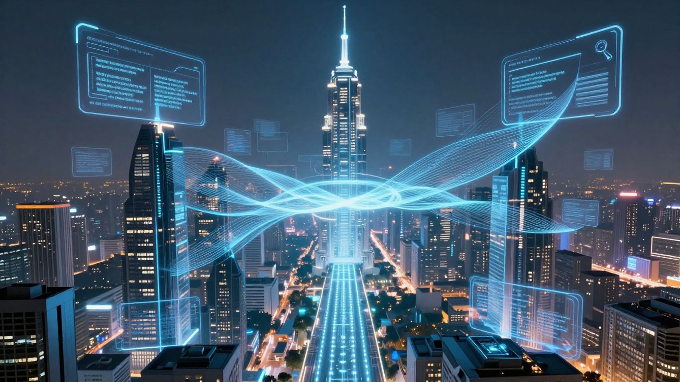 Futuristic cityscape with AI art and digital pathways.