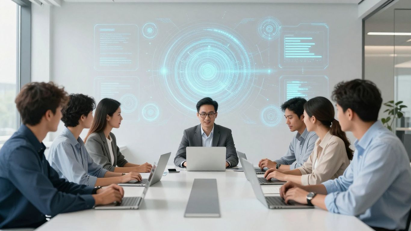 Équipe travaillant avec des interfaces IA modernes dans un bureau collaboratif.