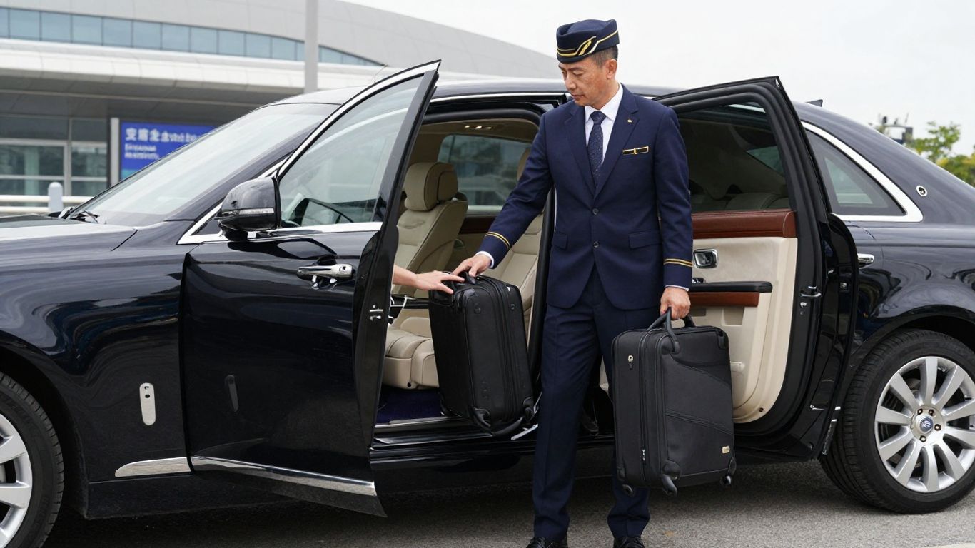Chauffeur assisting with luggage outside airport