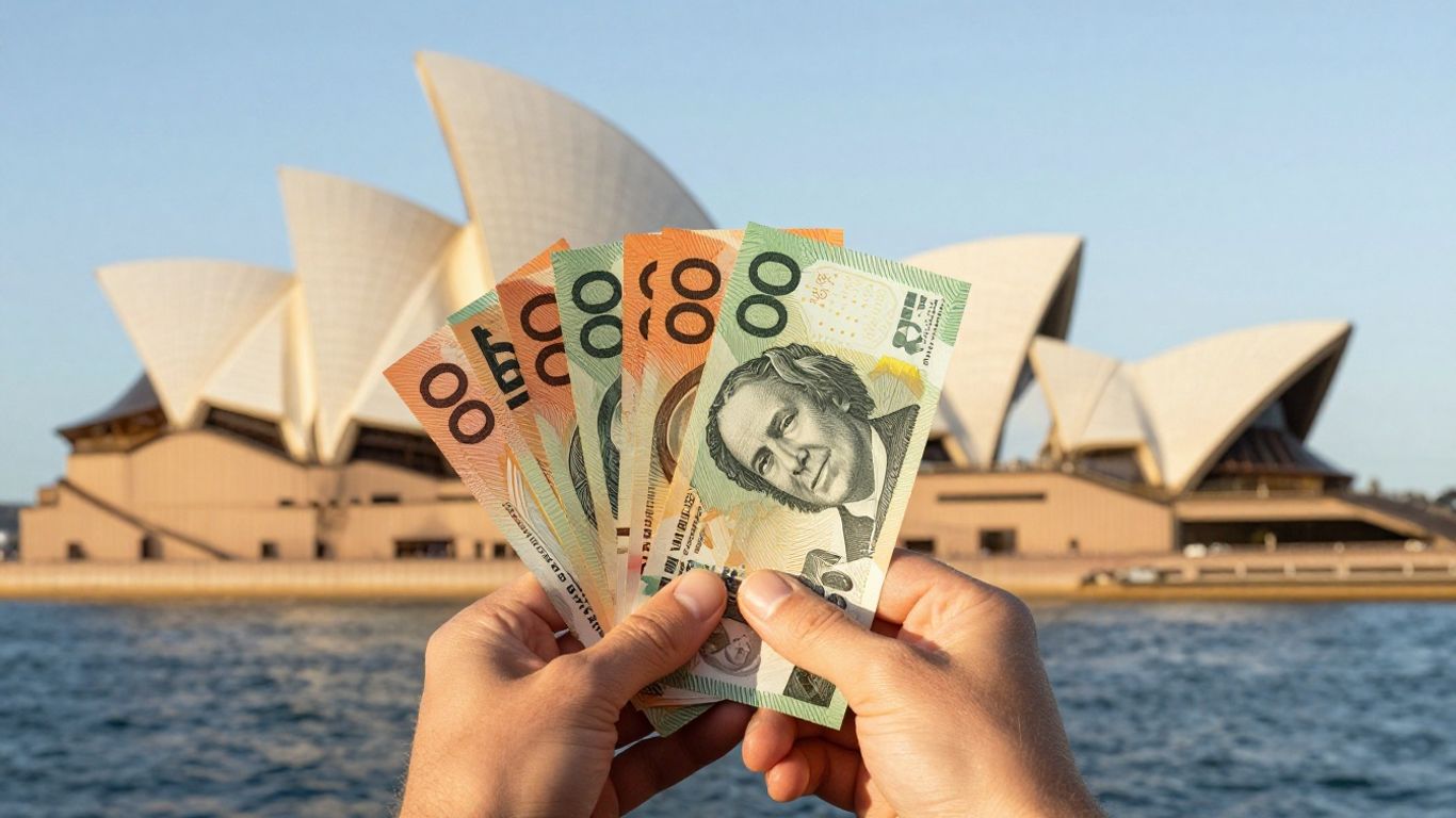 Australian dollars in hand with landmarks in background.