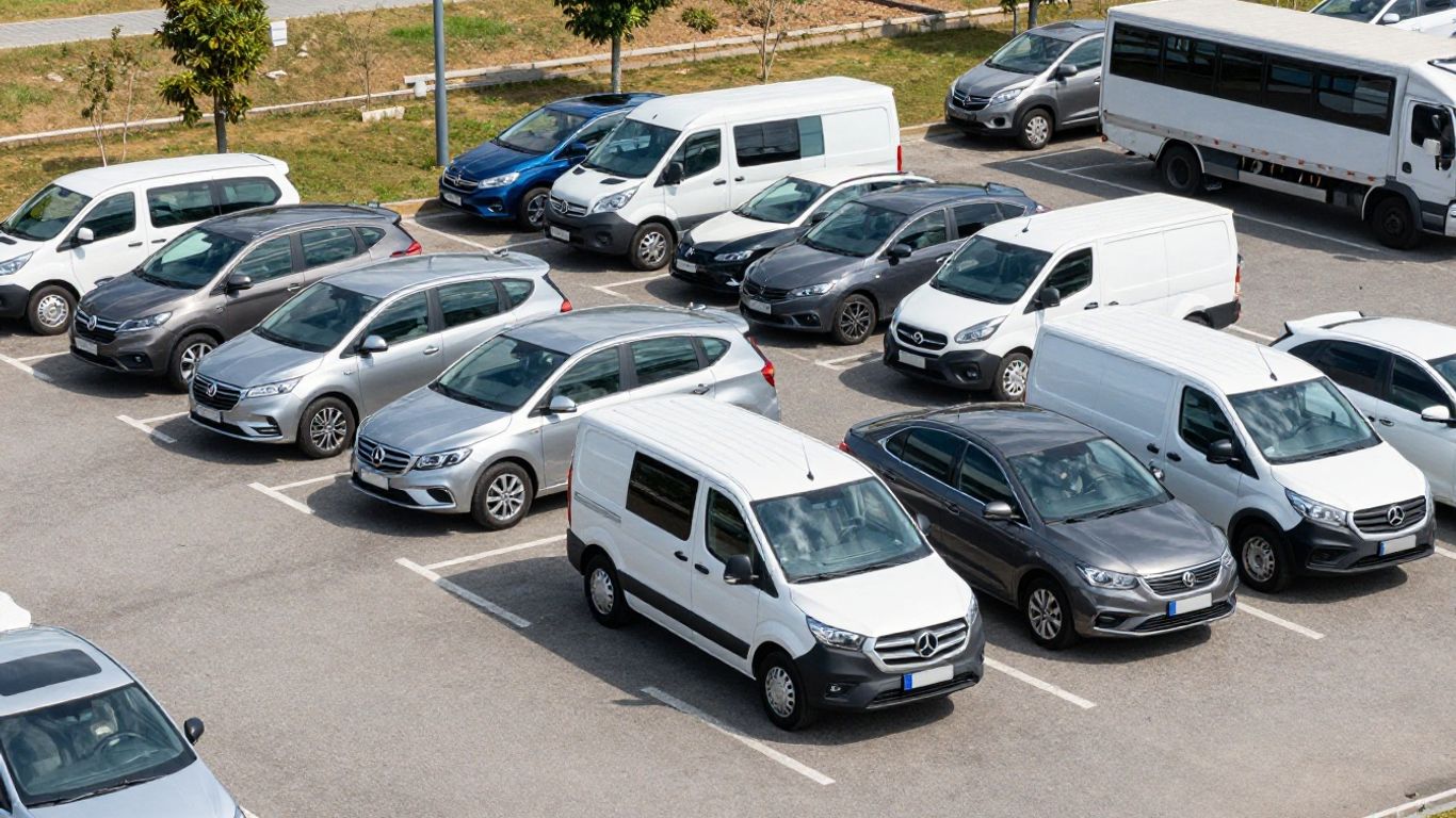 Flota pojazdów w zorganizowanym miejscu parkingowym.