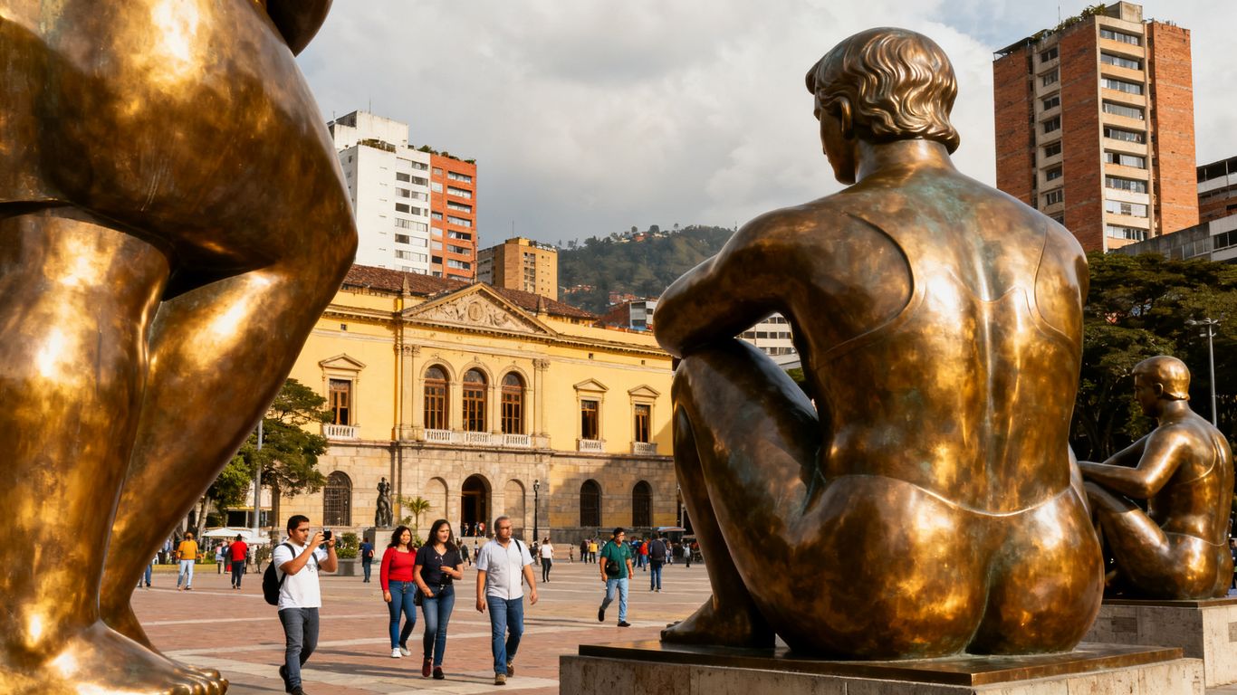 Botero sculptures and surrounding downtown architecture