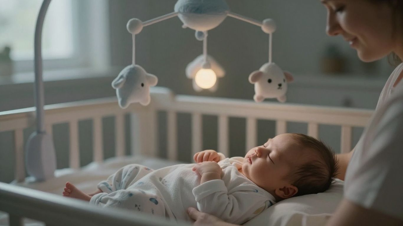Parent holding sleeping newborn in a dimly lit nursery.