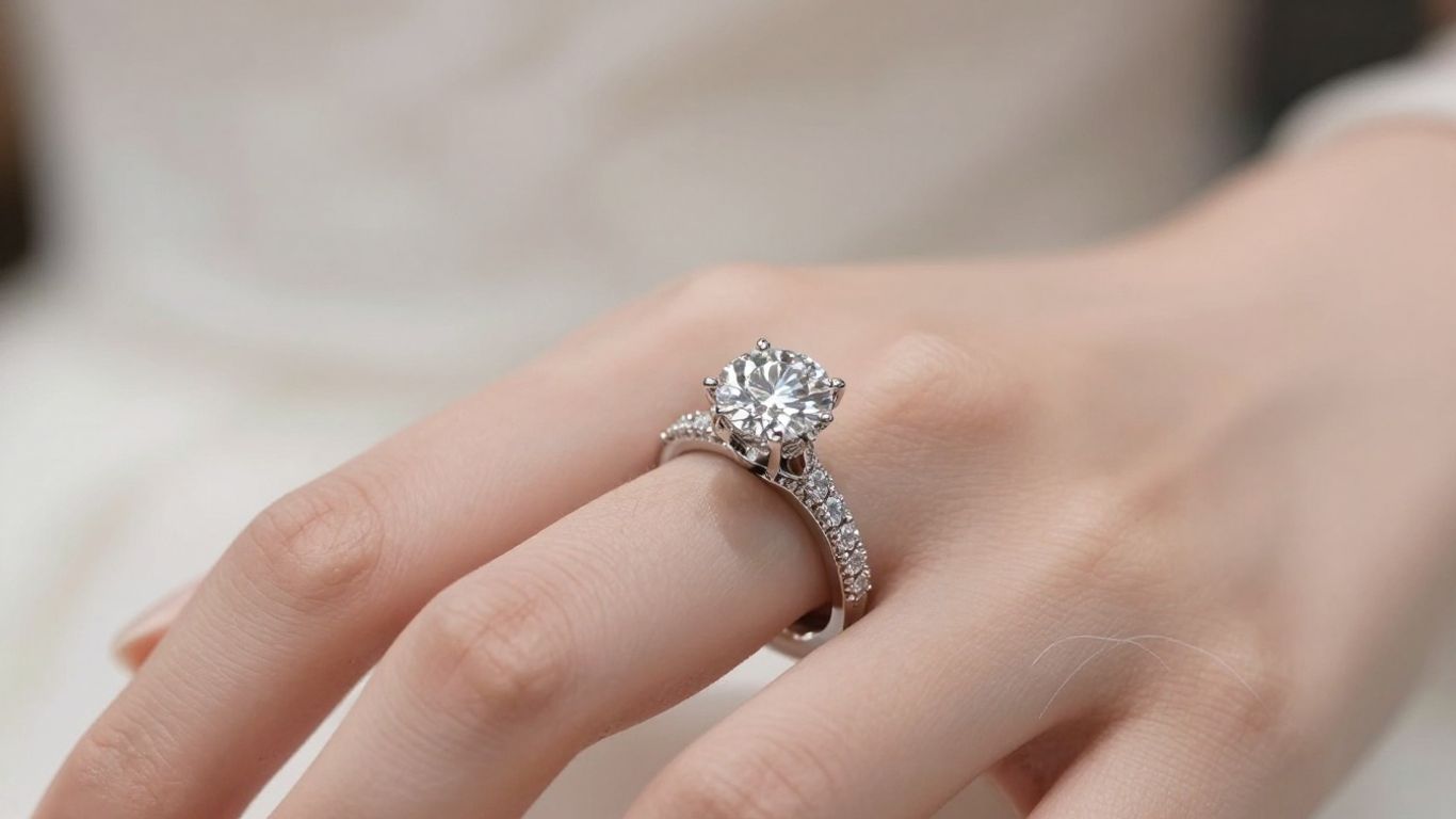 Bride's hand with diamond engagement and wedding rings.