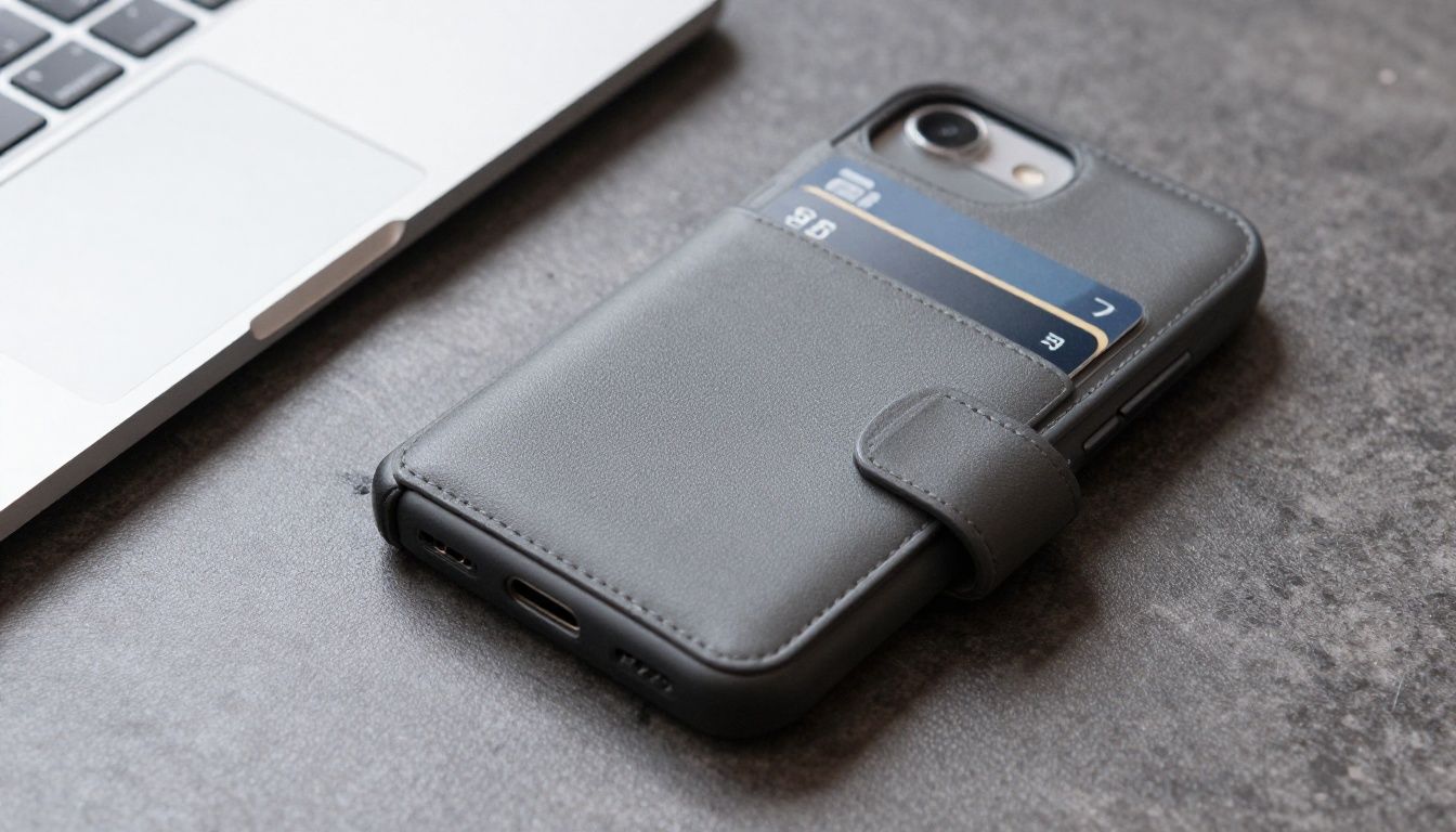 A person holding a sleek, dark grey wallet-style phone case, showing two credit cards neatly tucked into the card slots inside the cover.