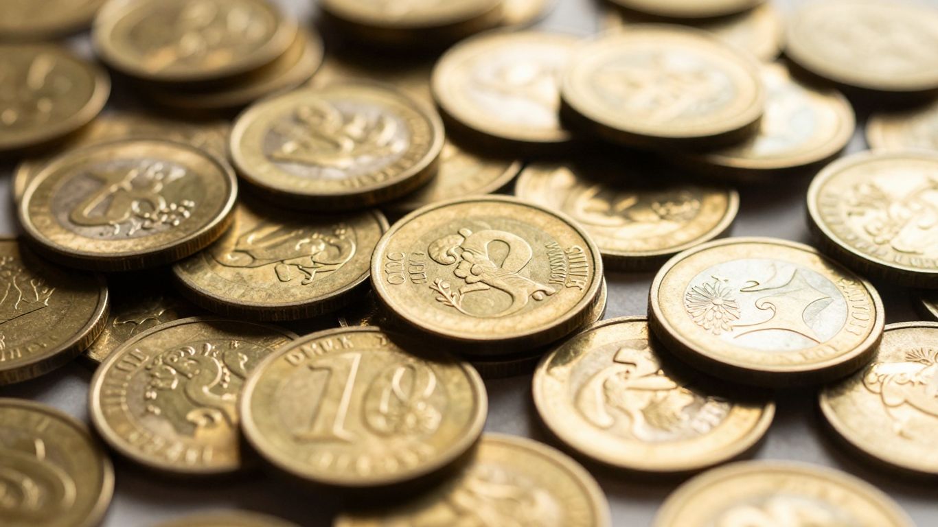 Pièces d'or brillantes empilées et dispersées.