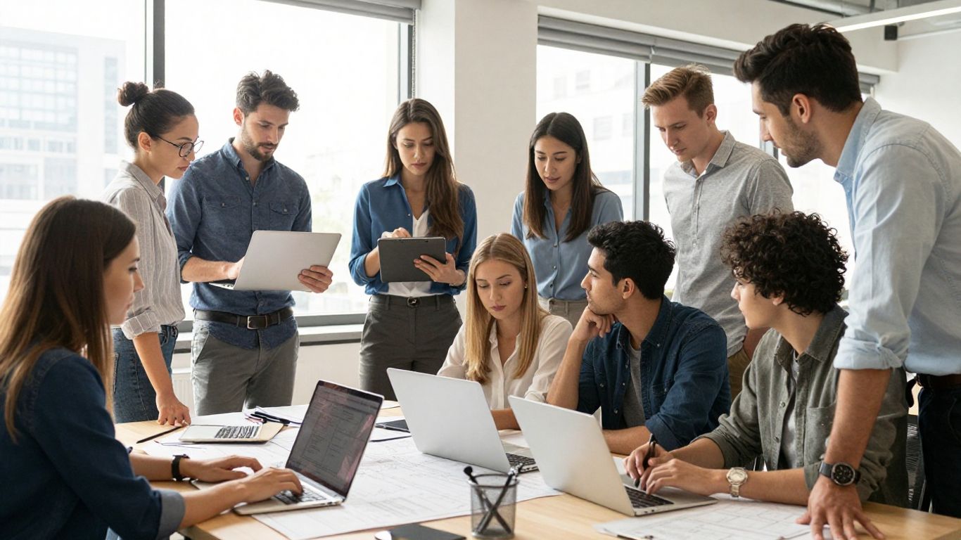 Young professionals in a modern office with city view.