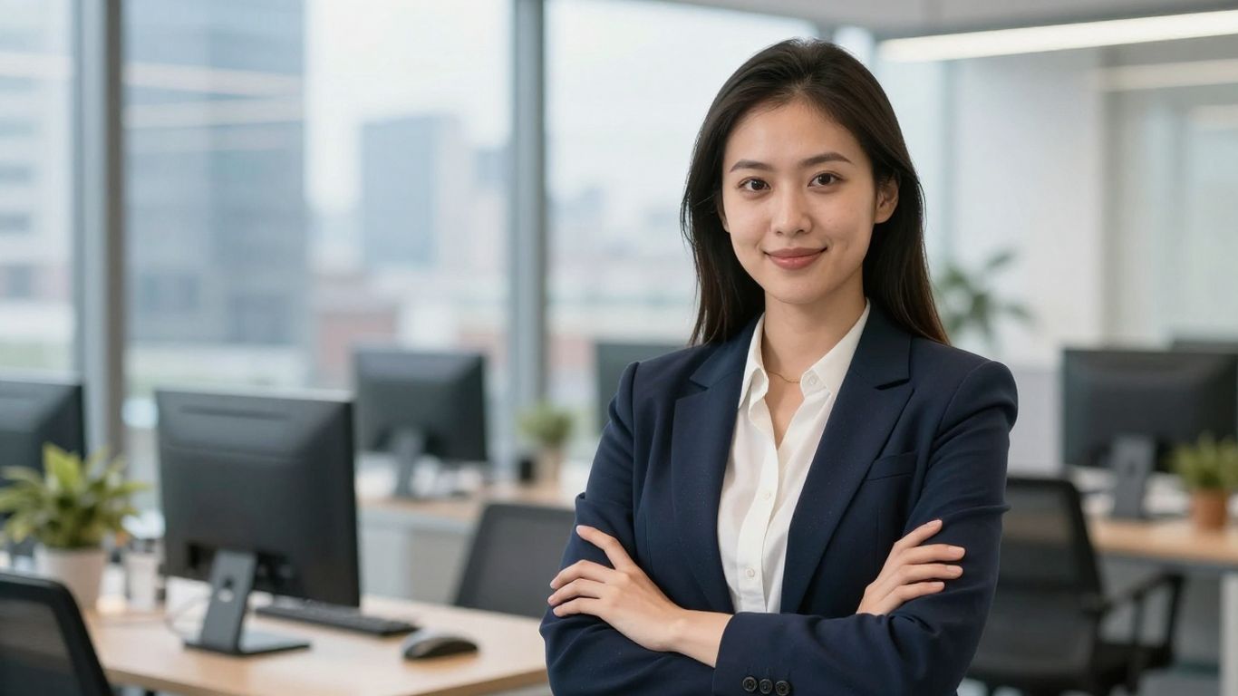 SaaS sales professional in UK office, looking successful.