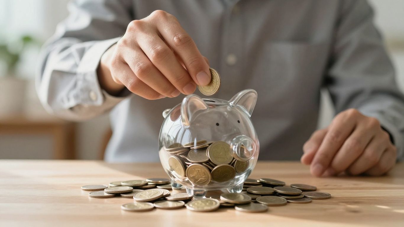 Persona colocando monedas en una alcancía transparente.