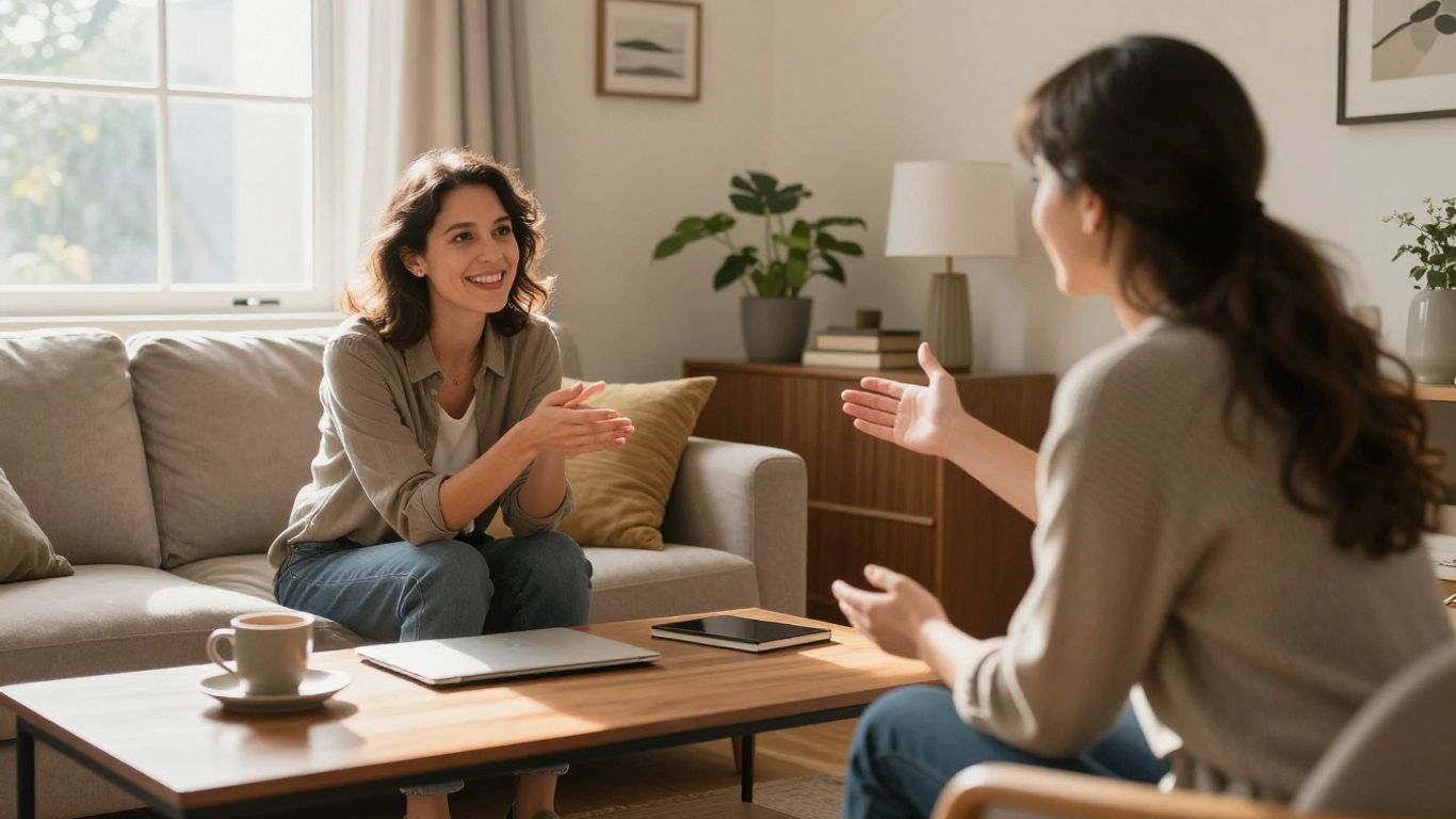 Consultant and homeowner in a bright, welcoming living room.