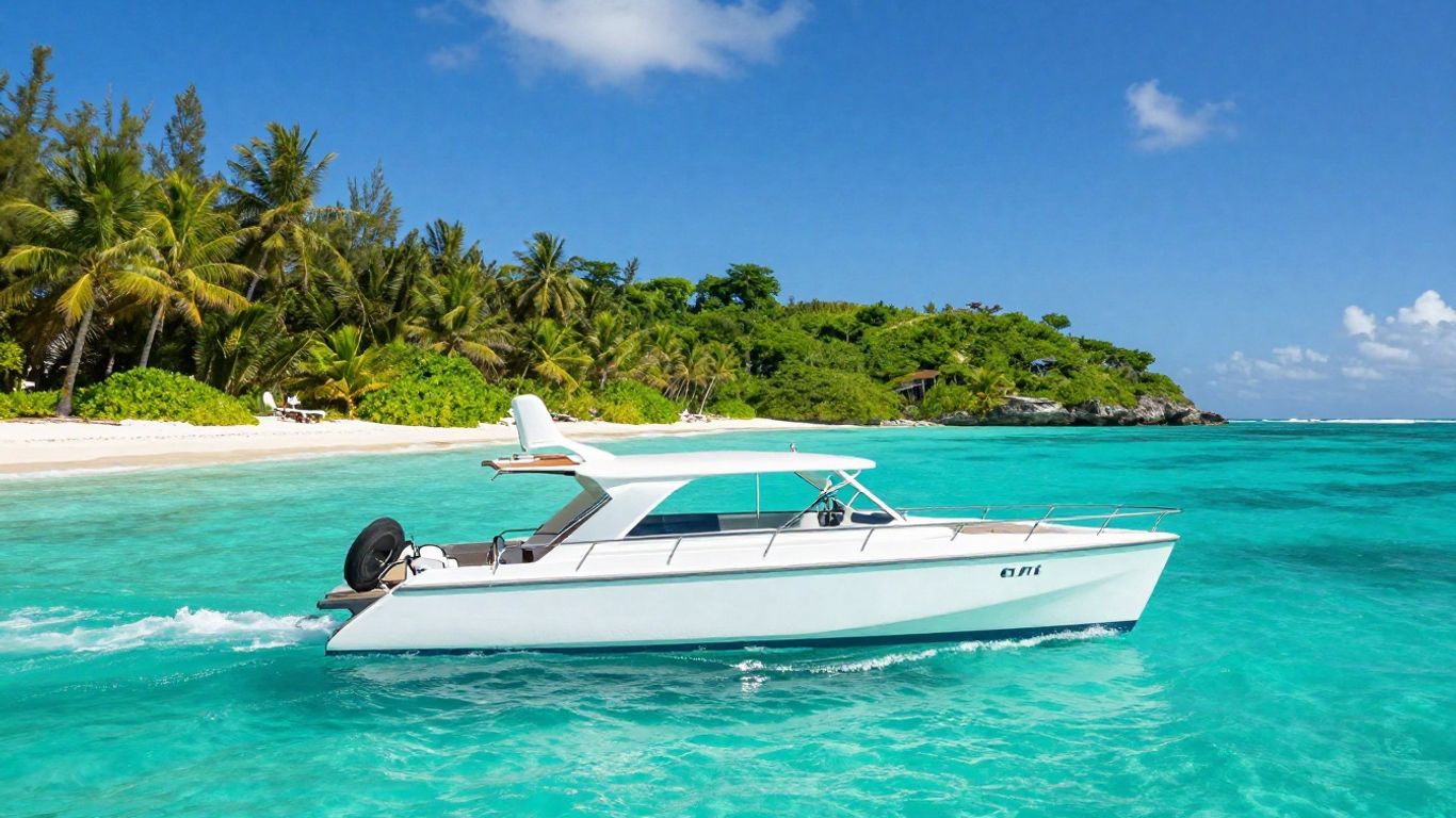 Catamaran sailing on turquoise Caribbean waters near islands.