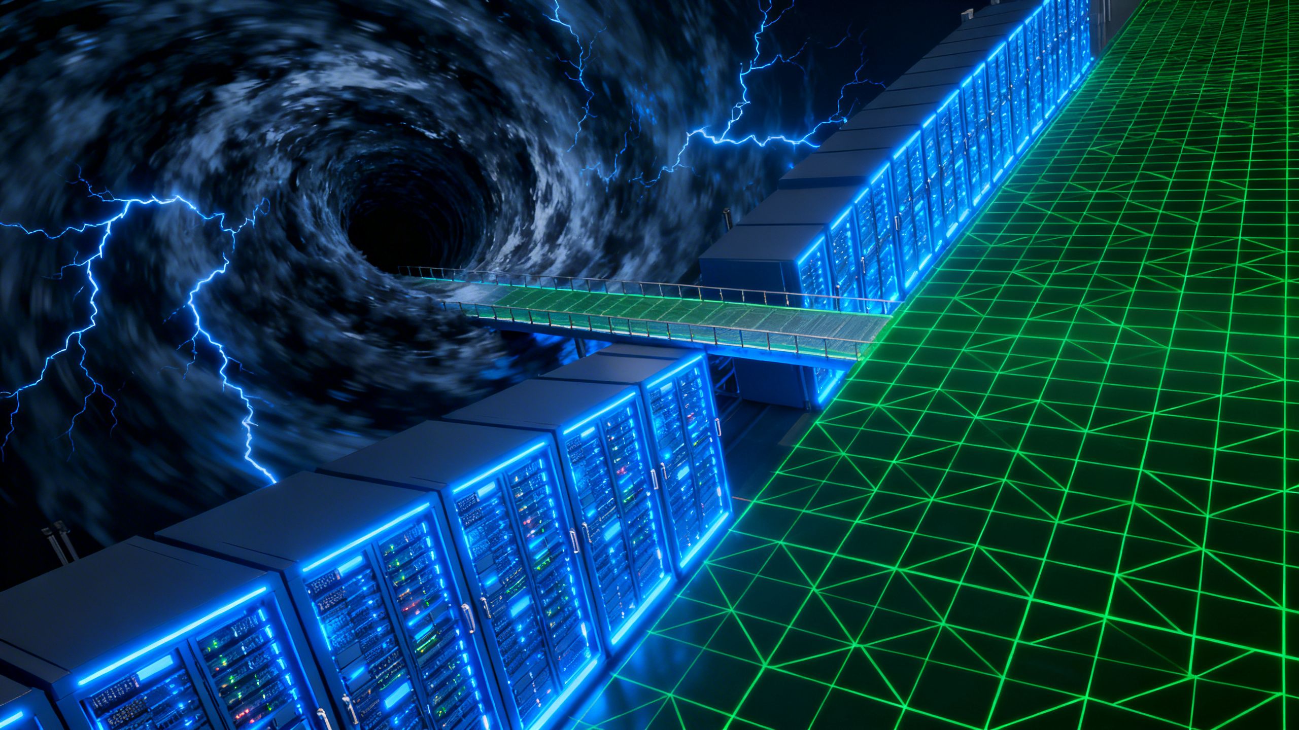 AI data center balancing energy consumption and grid stability.