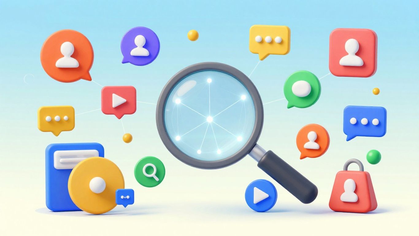 Digital marketing icons and network graphic for business growth.