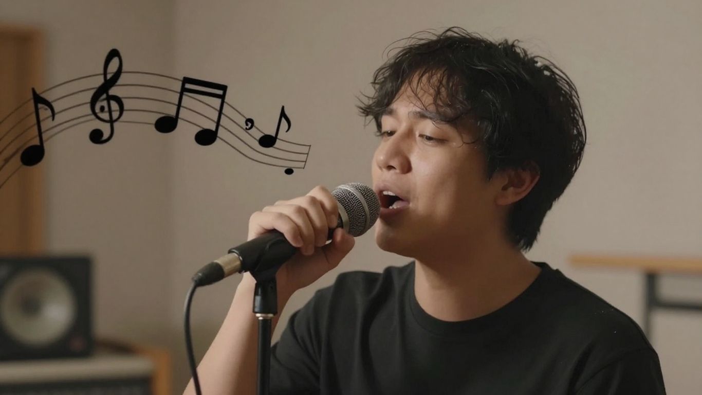 Person singing into microphone with abstract musical notes.