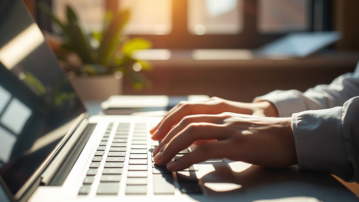 Hands typing on a laptop keyboard.
