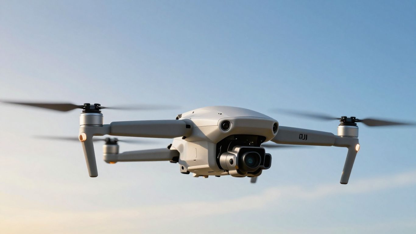 DJI drone flying in a clear blue sky.