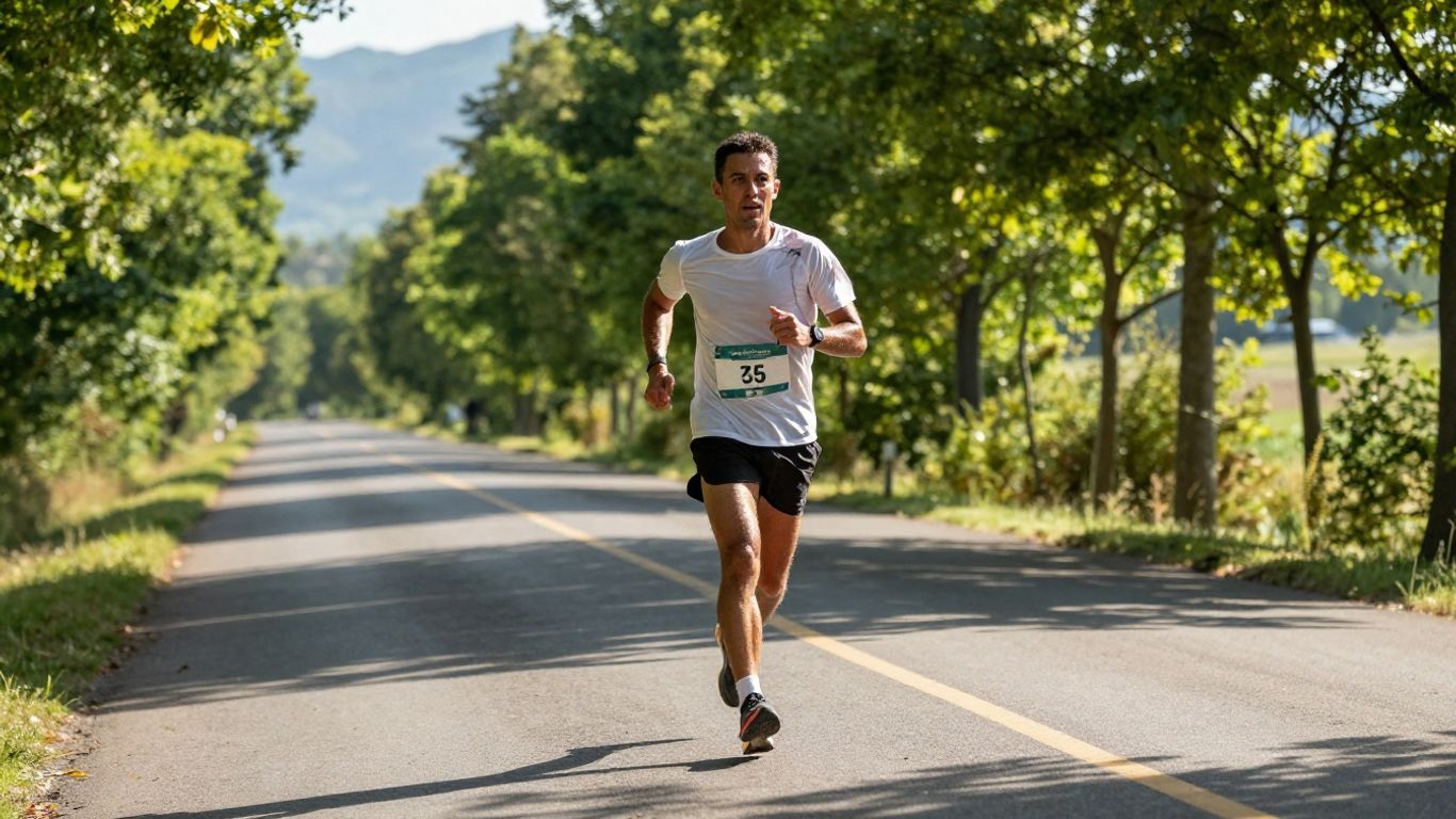 Runner on marathon course with scenic background.