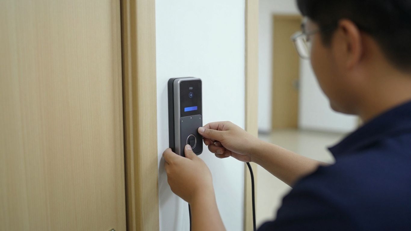 Technician configuring access control hardware onsite