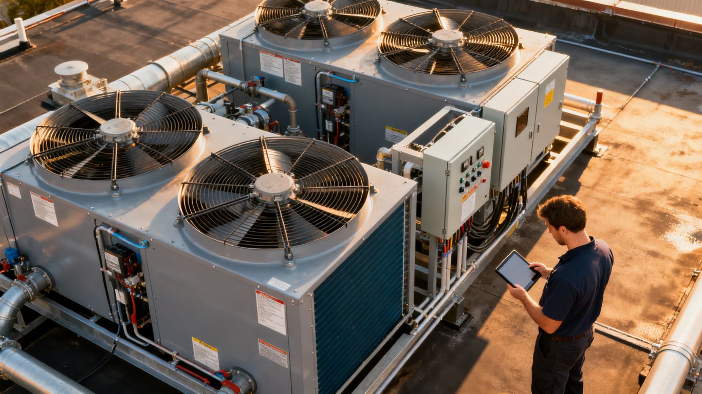 Technician reviewing rooftop HVAC thermal imagery