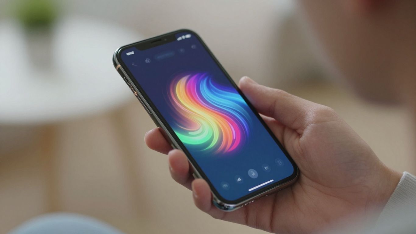 Hands holding smartphone with abstract digital interface.