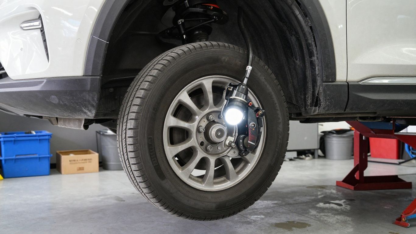 Mechanic inspecting a car suspension on a lift