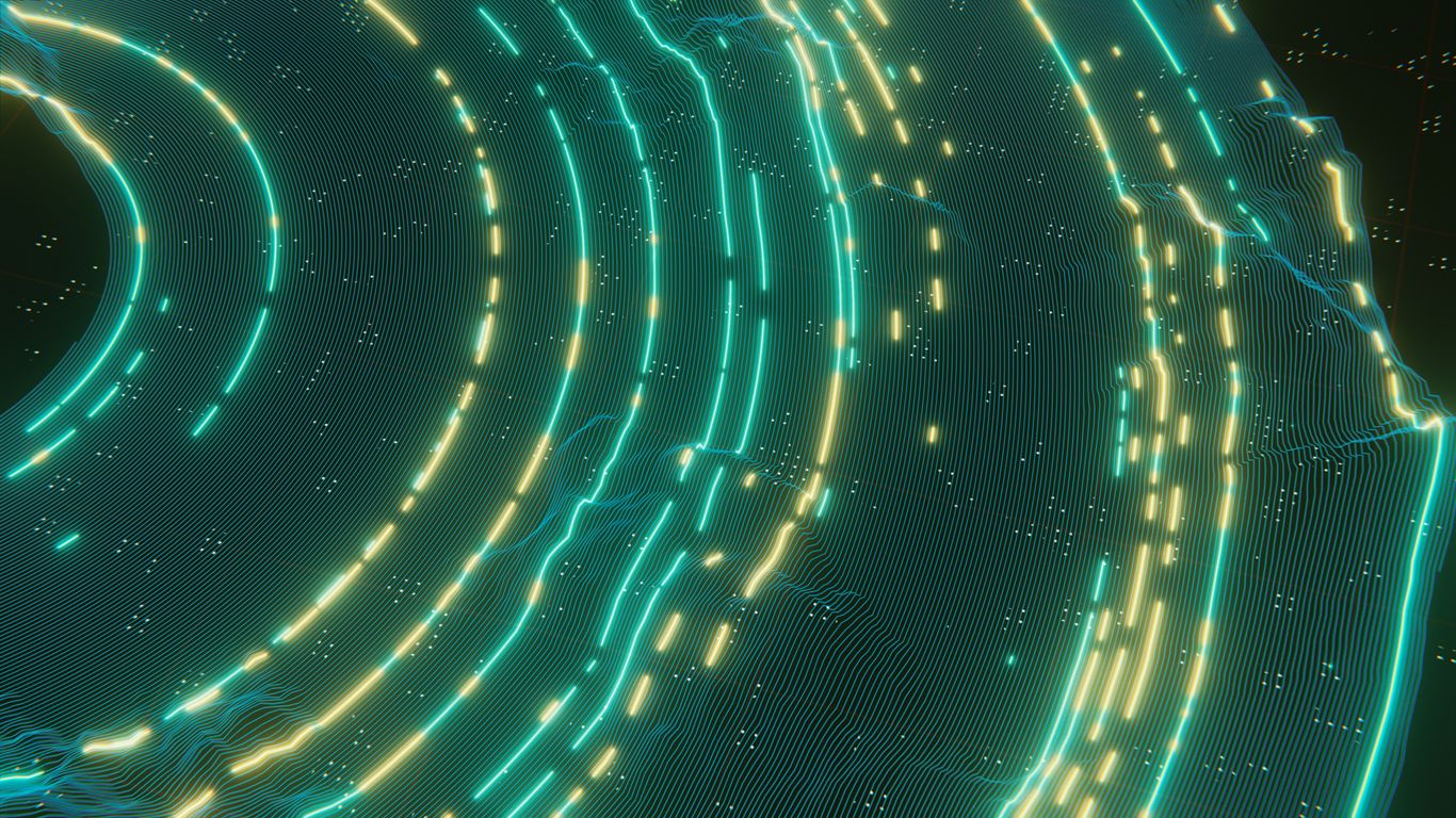 Abstract blue and yellow glowing lines on dark background.