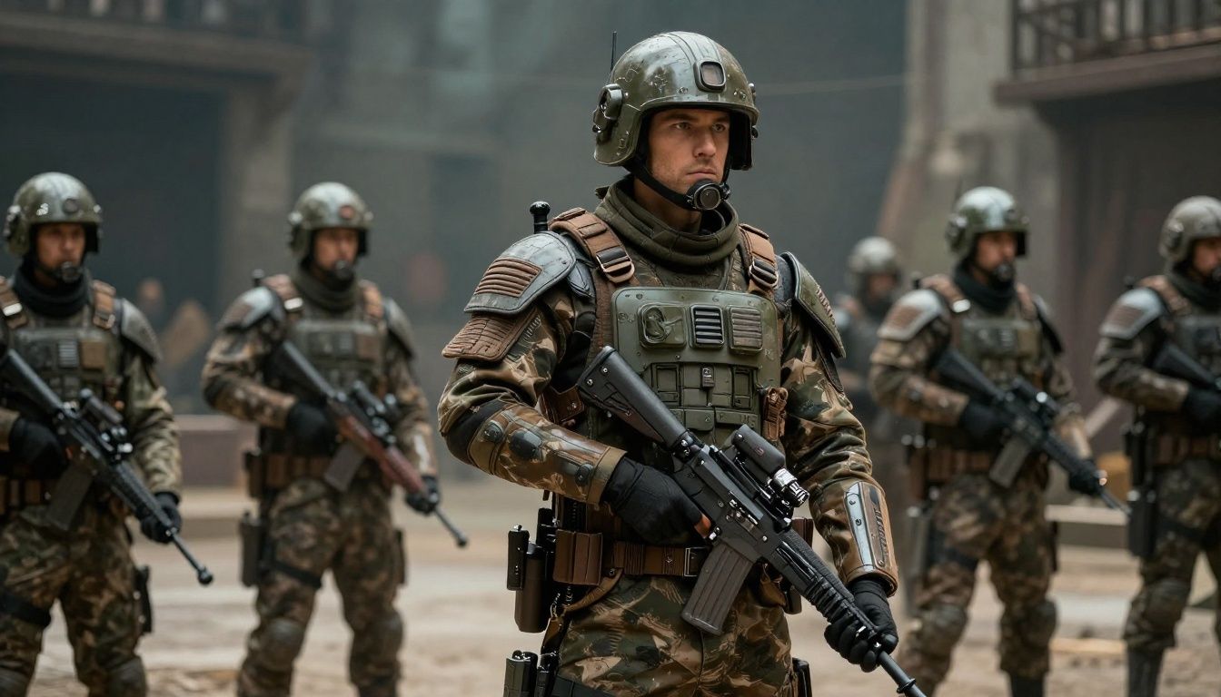 Um soldado futurista em uma arena de batalha vibrante preparado para a ação