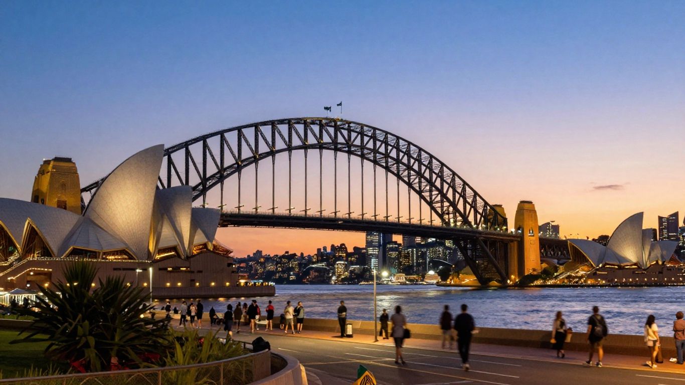 Sydney cityscape at dusk with harbour bridge and opera house.