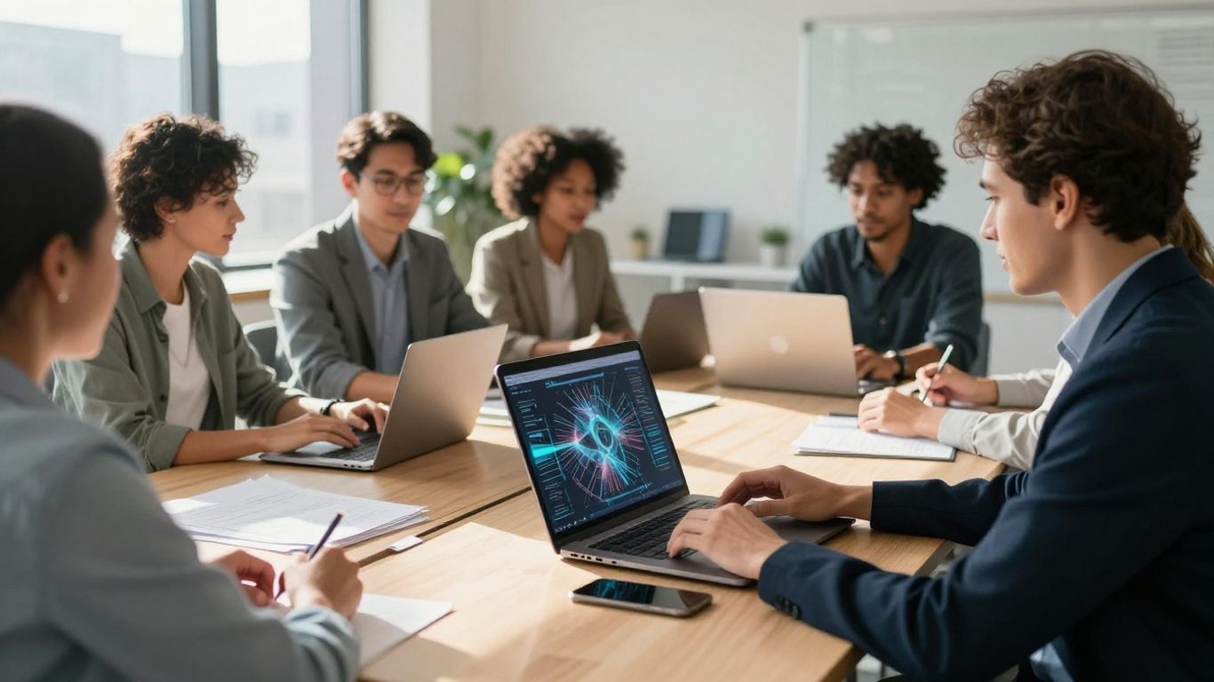 Professionals collaborating in a modern office with digital patterns on a laptop.