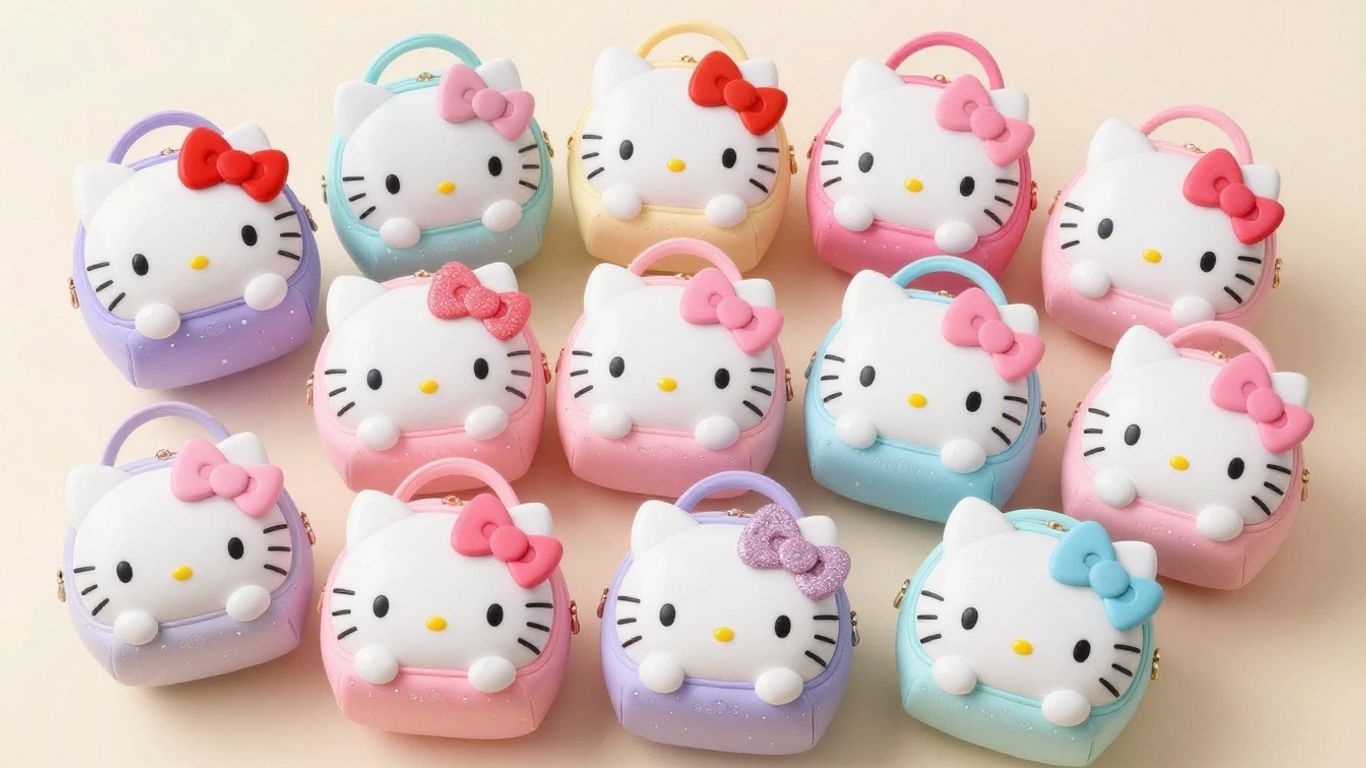Collection of cute Hello Kitty mini bags in pastel colors.