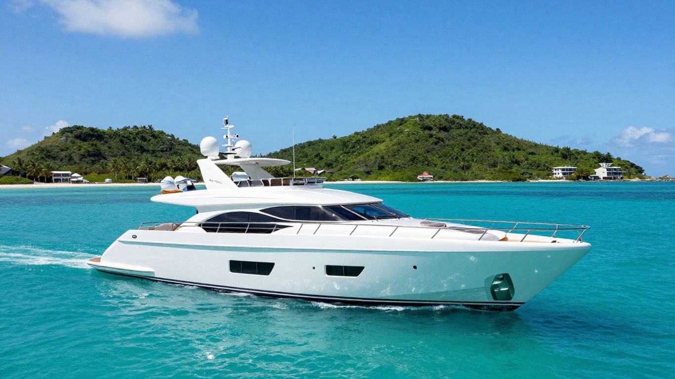 Luxury yacht sailing in clear turquoise Bahamian waters.