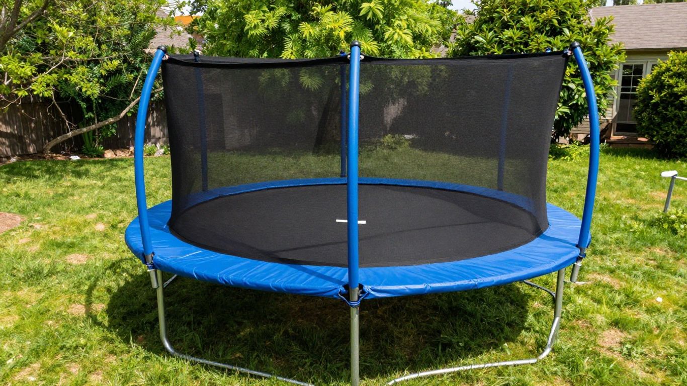 JumpFlex Hero 14ft trampoline in a backyard.