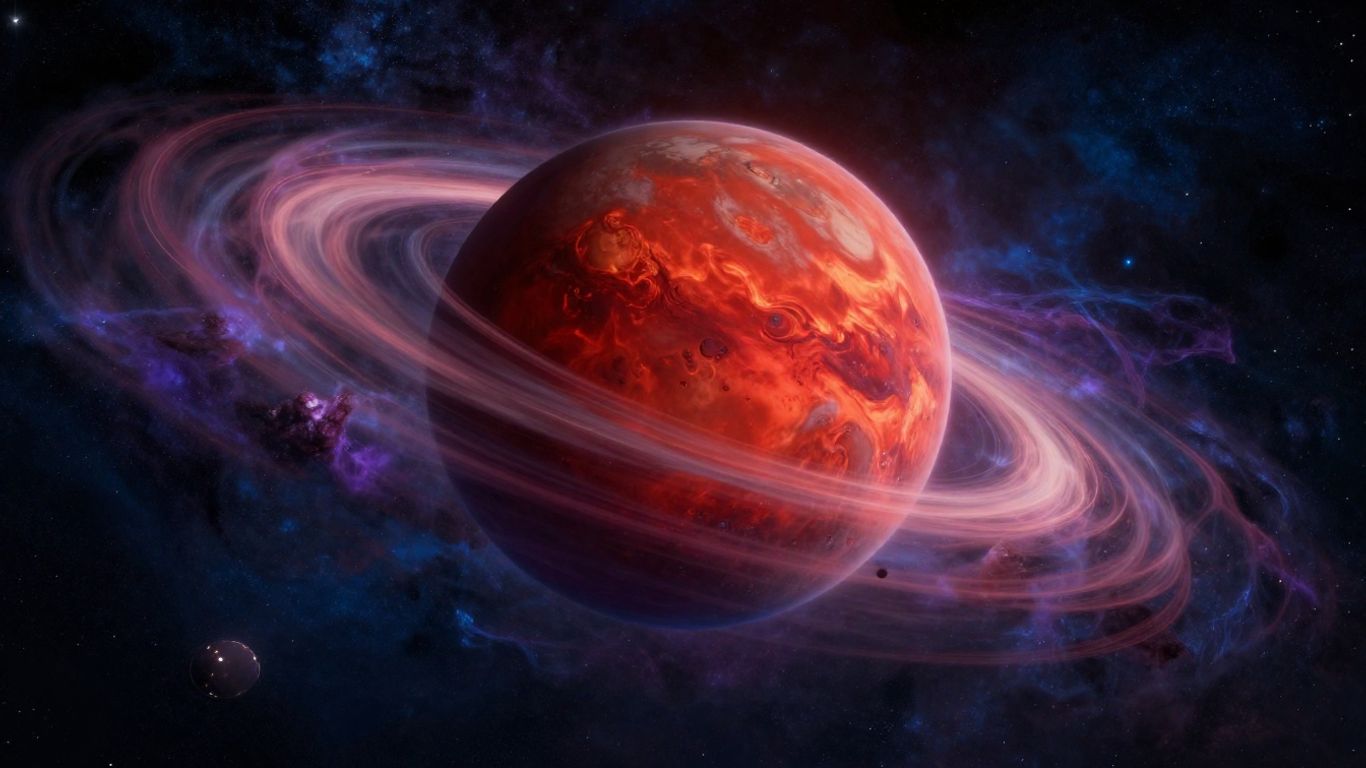 Fiery Mars planet in a starry nebula.